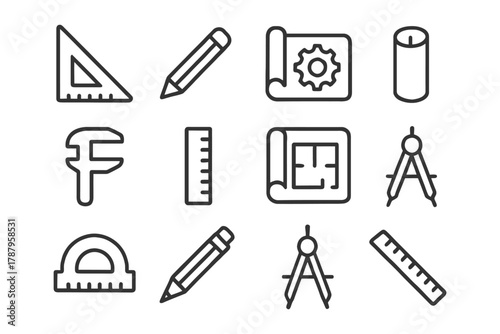 Architectural tools and drafting equipment icons set in black and white.