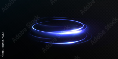 Glowing blue neon circular light ring with smooth motion trails on dark space. Abstract energy platform effect for sci fi interfaces, HUD elements, game UI and digital overlays.