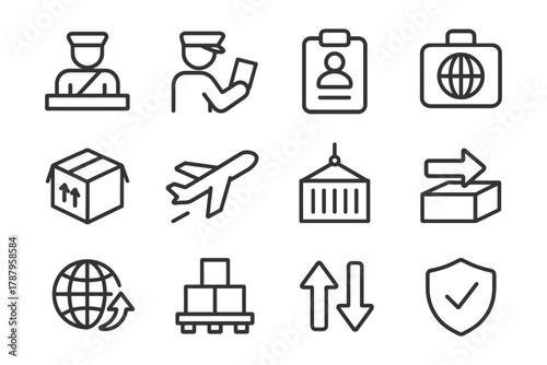 Immigration and logistic icons set featuring passports, customs, airplane, and globe.