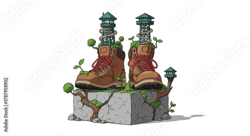 Surreal Hiking Boots with Miniature Trees and Buildings on a Pedestal, Generative AI.