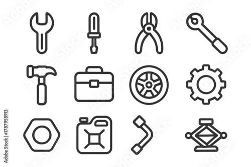 Outlined icons of tools: wrench, pliers, hammer, toolbox, tire, gear, nut, fuel can.
