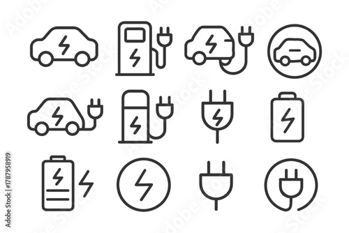 Electric vehicle charging and battery icons for sustainable transportation.