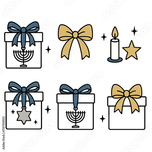 Hanukkah Gift Icons. Elegant Hanukkah Wrapping outline icon set: blue ribbon, white paper box, menorah charm, gold bow, small candle, silver tag, glowing star, soft sparkles.