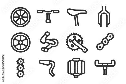 Bicycle parts icons: wheels, handlebars, saddle, gears, chain, pedals.