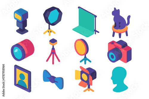 Studio Icon Set. Studio Portraits modern flat icon set: camera flash, softbox light, backdrop, pet on stool, lens, tripod, reflector, camera icon, framed photo, bow tie, spotlight,