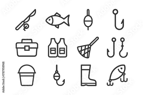 Fishing gear icons: rods, hooks, lures, nets, and more.
