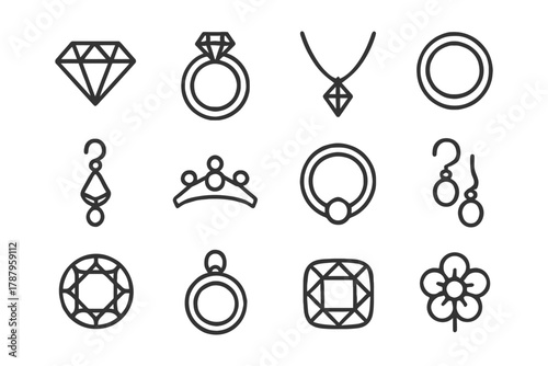 Minimalist jewelry icons set: rings, necklaces, earrings, crowns, gems.