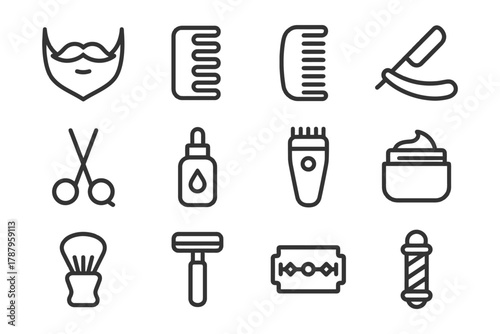Barber shop icon set: beard, comb, razor, scissors, shaving kit essentials.