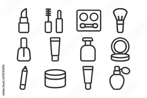 Minimalistic makeup icons set with lipstick, mascara, perfume, compact, brush.