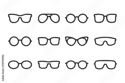 Various eyeglasses icon set displaying different styles and shapes.