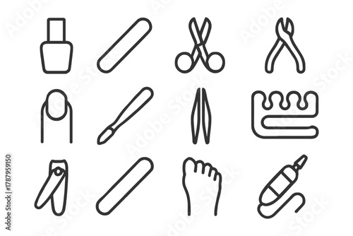 Manicure and pedicure tools: nail polish, clippers, scissors, files, cuticle care.