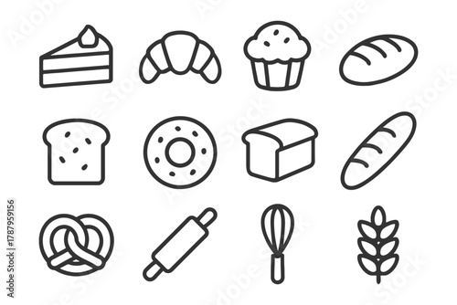 Icons of cakes, bread, and baking tools: simplified bakery symbols.