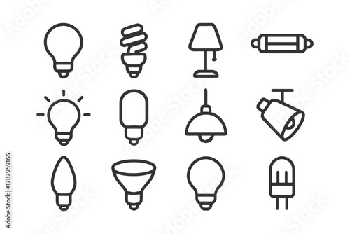 Collection of various light bulb and lamp icons on white background.
