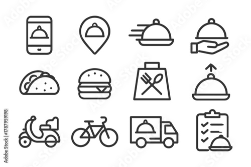 Food delivery icons: smartphone, location, fast service, tray, tacos, burger, packaging, checklist, scooter, bicycle, truck.