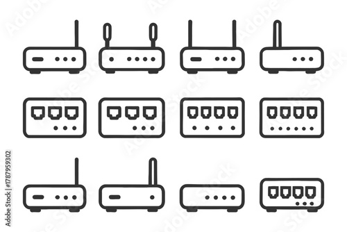 Vector illustration of router icons in various designs with front and back views.