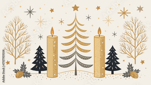 Festive winter scene with christmas trees candles and stars creating a holiday atmosphere design silhouette