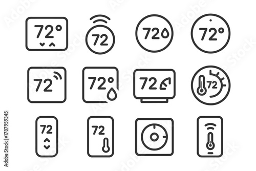 Thermostat icon set displaying 72 degrees with varied designs.