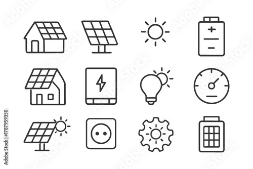 Renewable energy icons: solar panels, batteries, and energy-efficient technology symbols.