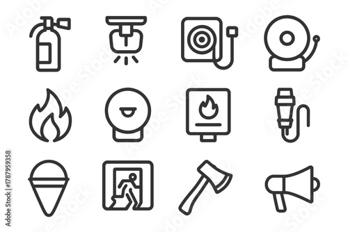 Fire safety equipment icons: extinguisher, alarm, hose, flame, sprinkler.