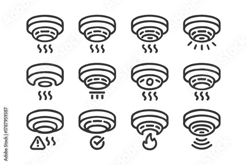 Set of smoke, fire, and carbon monoxide detector icons for home safety.