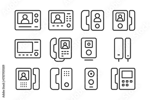 Set of door intercom icons with video screens and handsets.