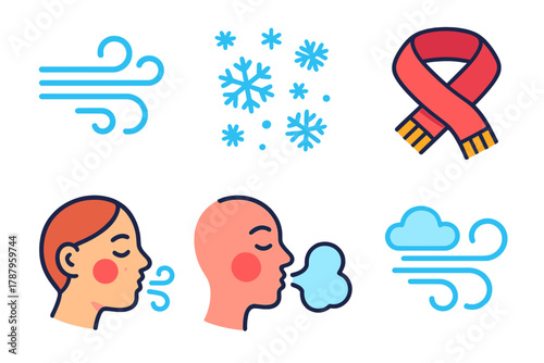 Winter Icons Collection. Frosty Gusts modern flat icon set: air current lines, flake scatter, muffler, chilled cheeks, breath mist, sky breeze.