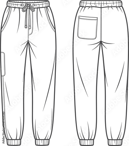 Jogger pants technical flat sketch, front and back view, elastic waistband, drawstring, thigh patch pocket, seam details, vector apparel CAD illustration