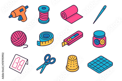 Craft Tools Icons. Craft Tools modern flat icon set: glue gun, thread spool, fabric roll, needle, yarn ball, tape measure, paper cutter, button jar, pattern sheet, scissors,