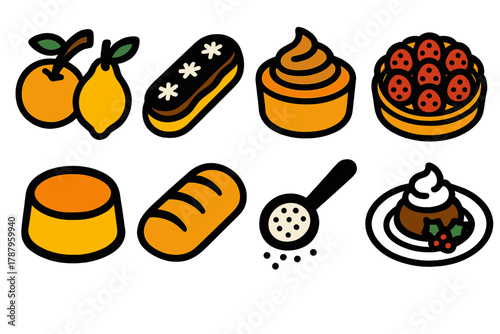 French Dessert Icons. French Holiday Desserts bold vector icon set: marzipan fruits, holiday éclair, chestnut cream cake, raspberry tart, caramelized custard, puff pastry, powdered