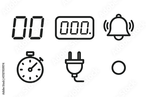 Digital Clock Symbols. Digital Clock Display outline icon set: LED numbers, screen panel, alarm bell, timer icon, plug, light indicator.