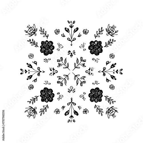Hand drawn floral pattern with flowers and leaves