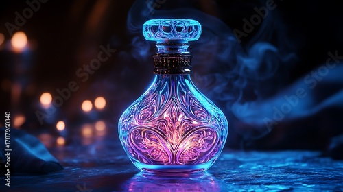 Glowing elixir bottle with intricate engravings, illuminated against a dark background