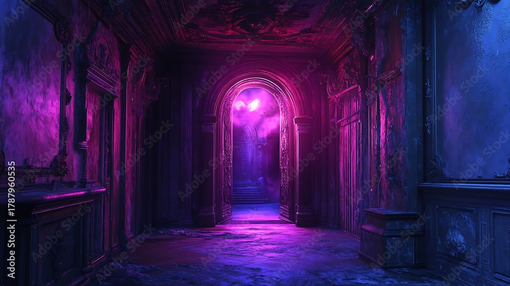 Naklejka premium Mysterious hallway illuminated with neon hues and arched doorway, leading into fog