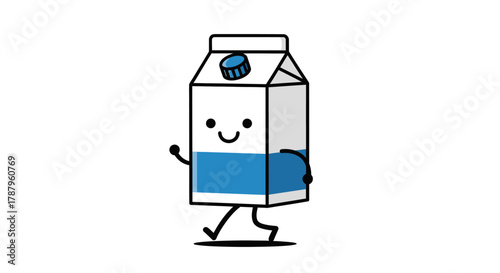 Cartoon milk carton character cheerfully walking with a smile on a white background