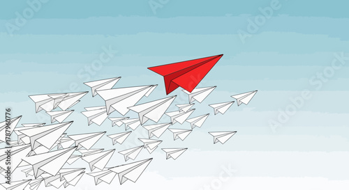 Red paper airplane leading a group of white paper planes in formation on light blue background,
