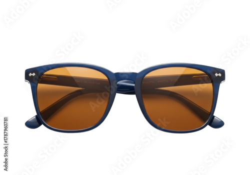Isolated vintage blue sunglasses with orange lenses in studio on neutral product photography
