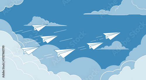Paper plane formation soaring through fluffy clouds against a blue sky backdrop creating a sense