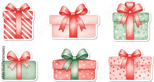 Playful Watercolor Gift Box Stickers, Cute Christmas Present Vector Set with Ribbon and Bow in Pastel Festive Colors