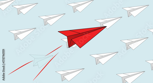 Concept of leadership with a red paper airplane leading the way in a new direction
