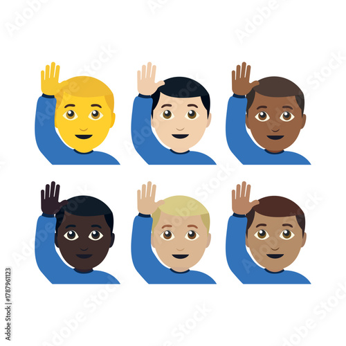 man raising hand hello greeting answer question raised hand men smile student goodbye emoji symbol sign icon vector illustration isolated flat