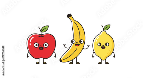 Playful fruit friends: Apple, Banana and Lemon cartoon characters expressing joy and healthy eating