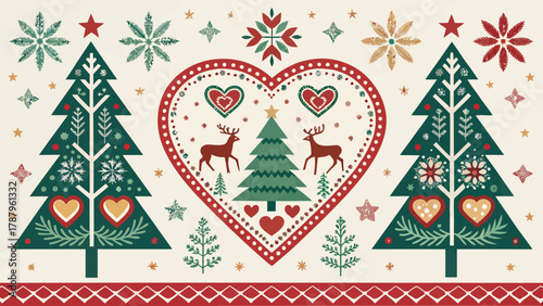 Festive christmas themed folk art illustration featuring christmas trees, reindeer, hearts and snowflakes silhouette