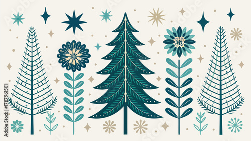 Stylized christmas trees and floral elements in a festive holiday themed decorative arrangement design silhouette