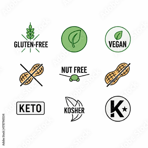 Dietary Restriction and Food Allergy Icon Set: Collection of product labels for Gluten-Free, Vegan, Nut-Free, Keto, and Kosher certifications, illustrating food safety and healthy lifestyle
