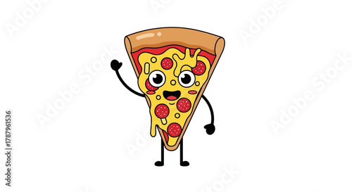 Playful pizza slice character illustration with a friendly and welcoming expression