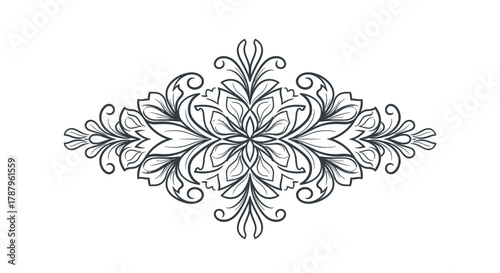 Elegant flourish design symmetric hand drawn ornament isolated with intricate botanical detail and