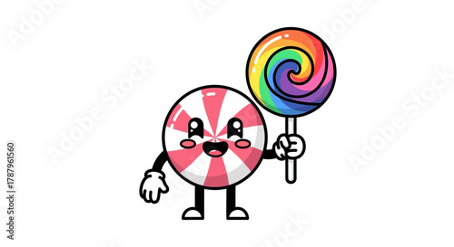 Adorable candy mascot illustration holding a lollipop with cheerful expression on white backdrop