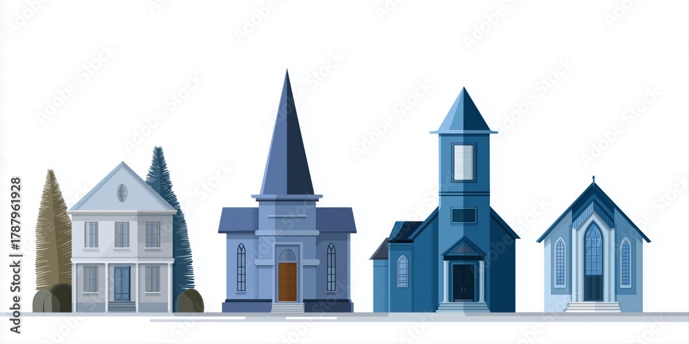 Naklejka premium Diverse architectural styles of historic churches and houses in blue hue
