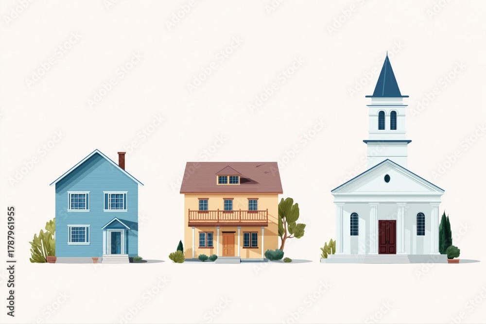 Obraz premium Residential homes and church building in minimalist design