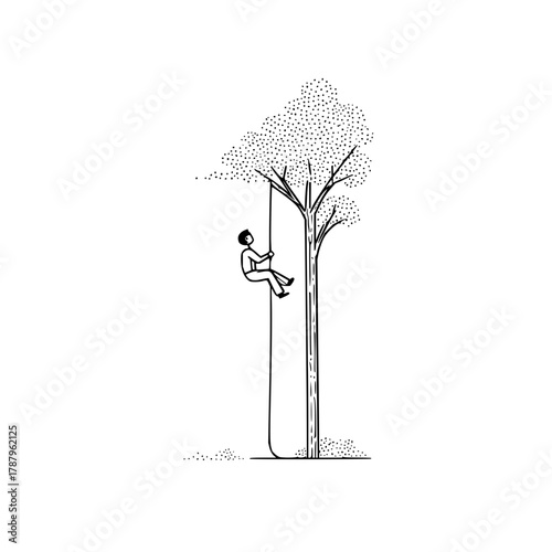 Man climbing a tree with rope in line drawing